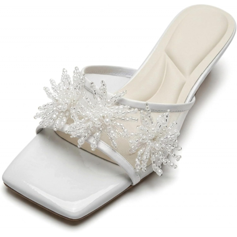 Women's French Style Mesh Beaded Flower Slide Sandals