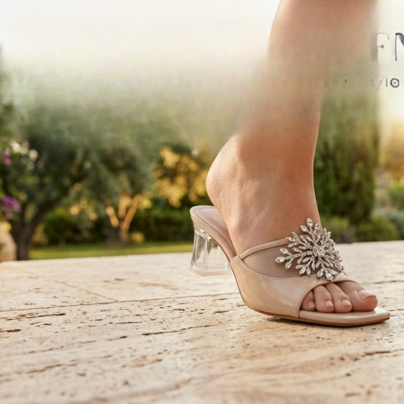 Women's French Style Mesh Beaded Flower Slide Sandals