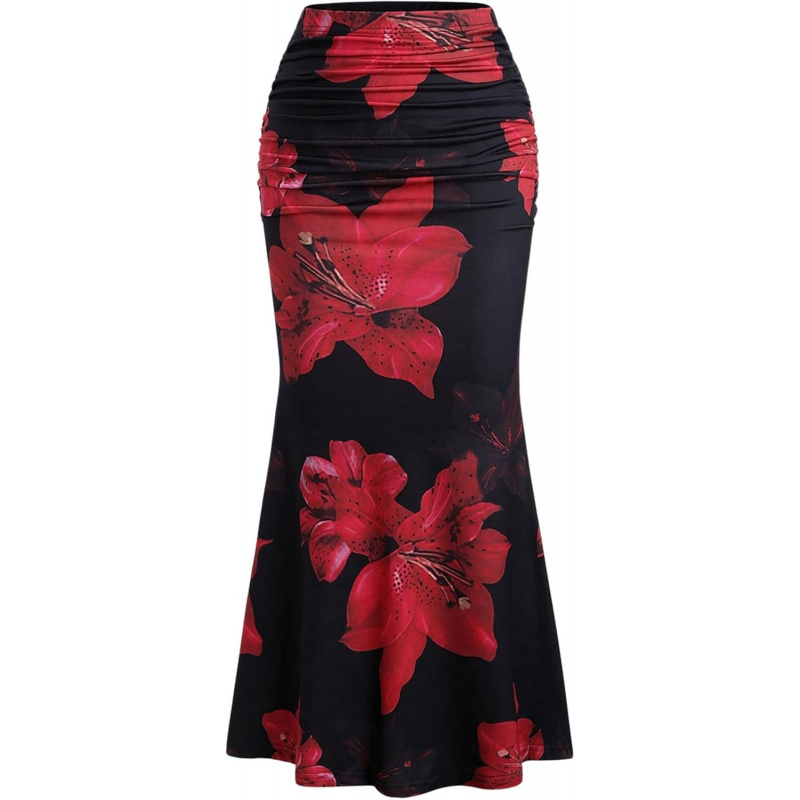 Women's Floral Print Maxi Skirt Ruffle Hem